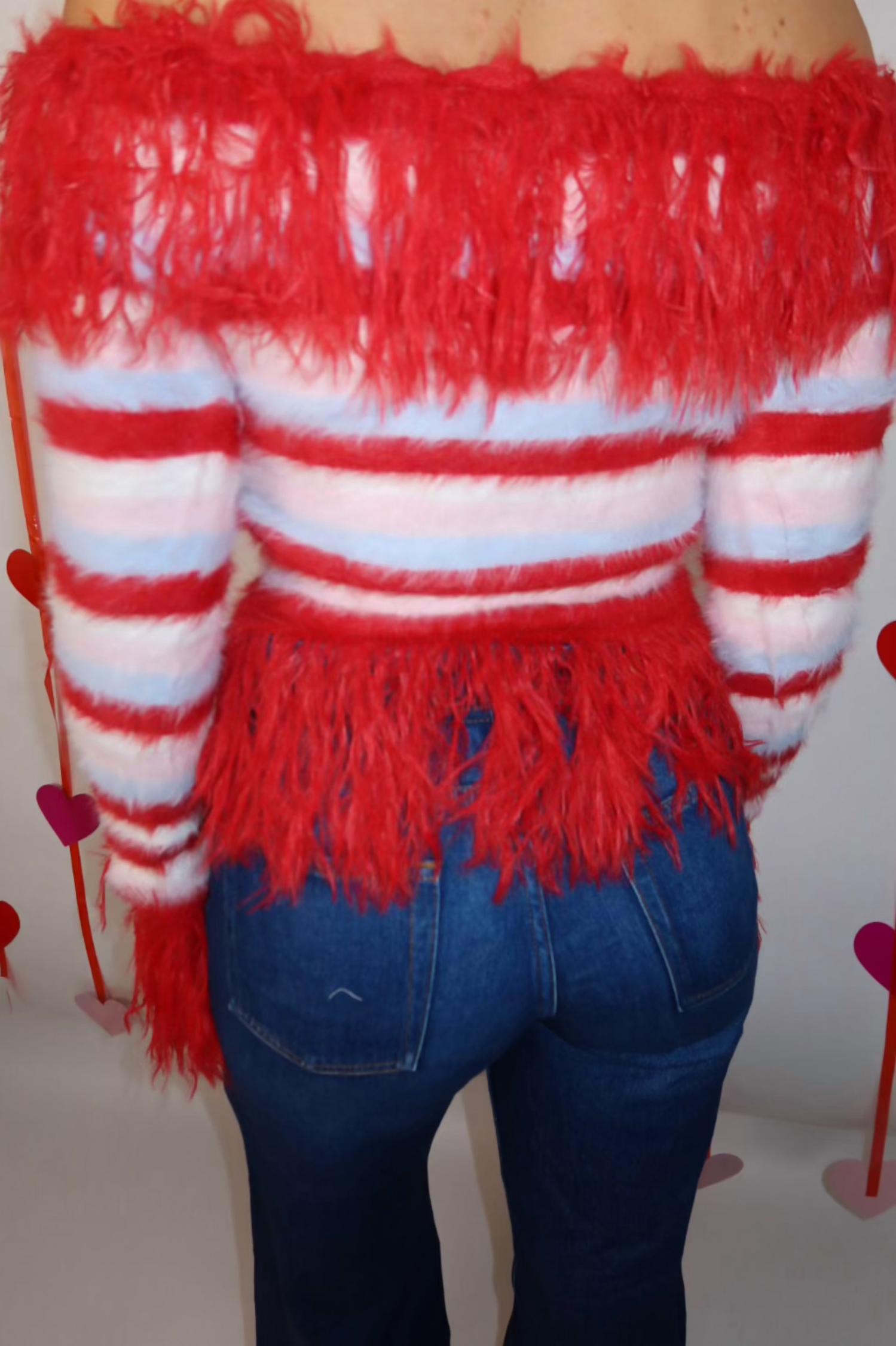 Act Pretty - Off Shoulder Striped Shaggy Fringed Cardigan