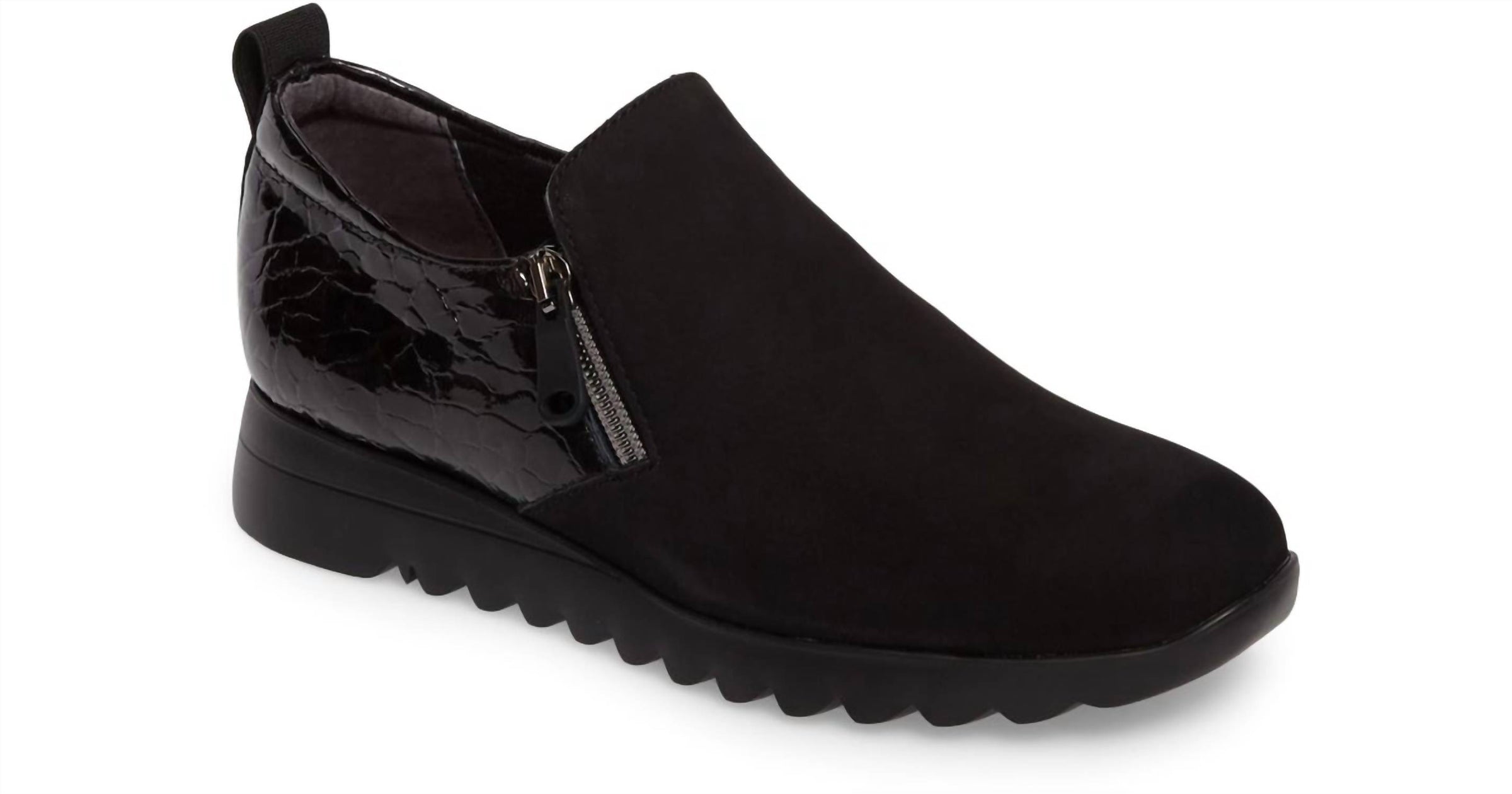 Munro Women's Kit Side Zippers Loafer in black nubuck enboss patent - women's flats