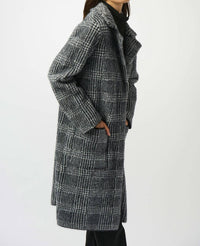 Joseph Ribkoff - Feather Yarn Plaid Jacquard Coat With Faux Fur Trim