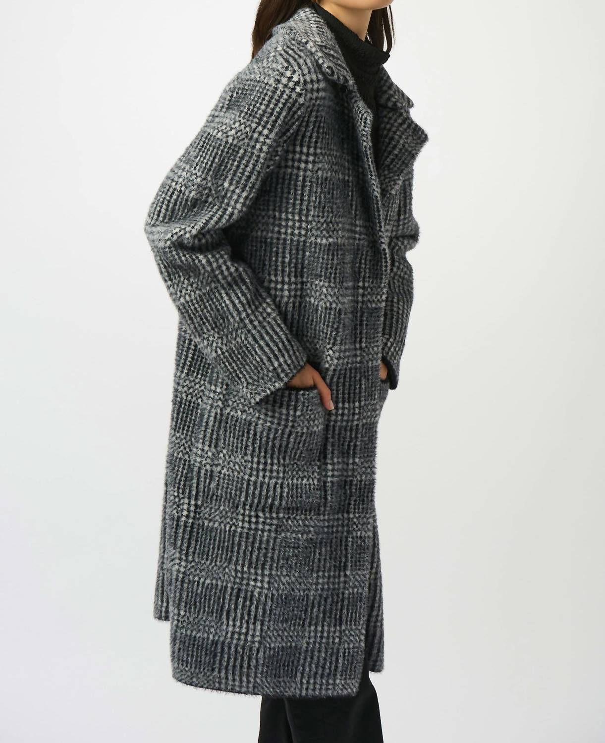 Joseph Ribkoff - Feather Yarn Plaid Jacquard Coat With Faux Fur Trim