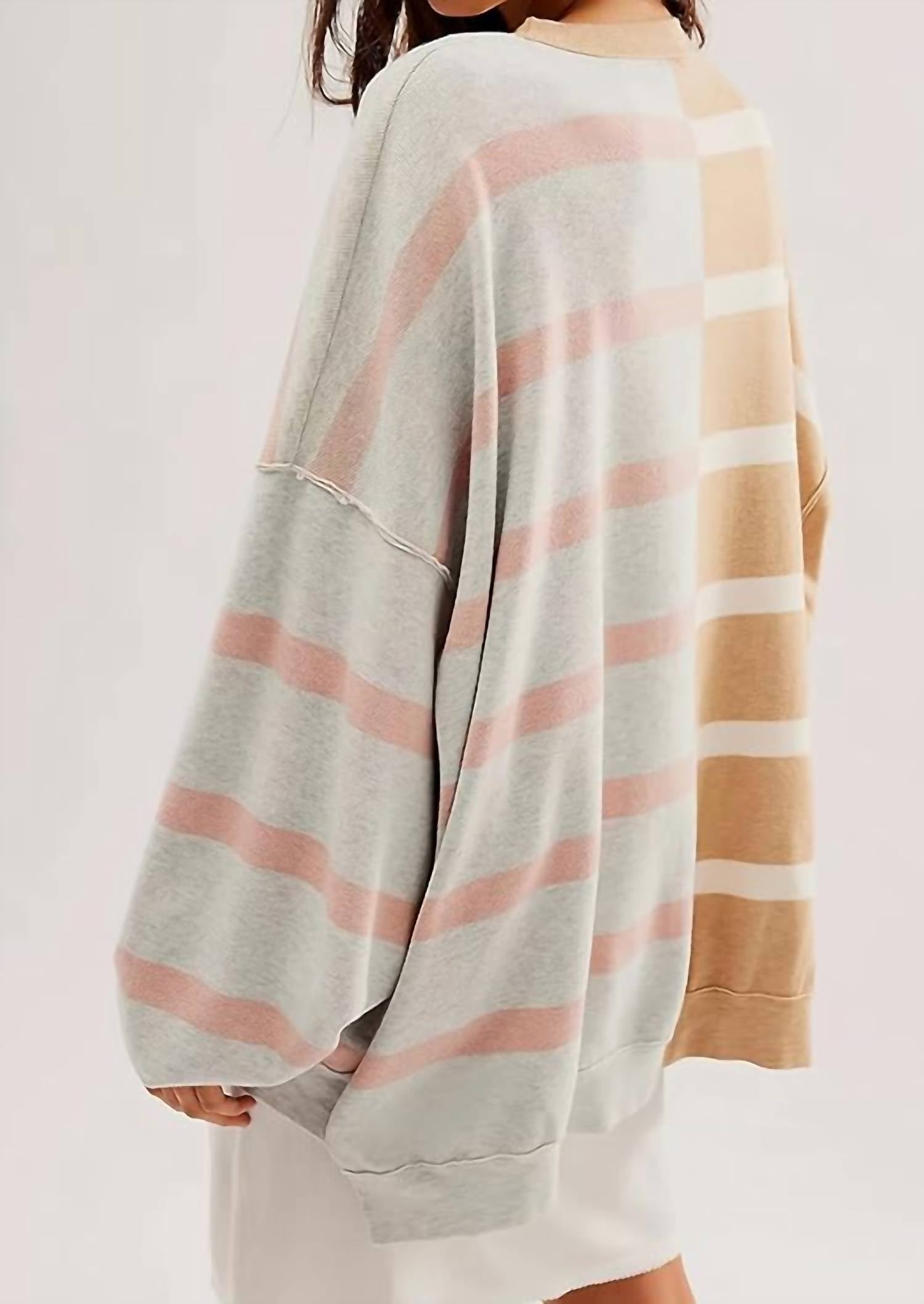 Free People Uptown Stripe Pullover Sweater in camel grey combo - women's sweater - alternate view