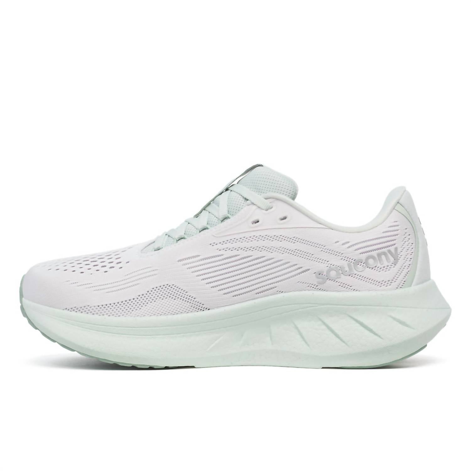 SAUCONY Women's Ride 18 Running Shoes in fog mist 1 - women's shoe - detail view
