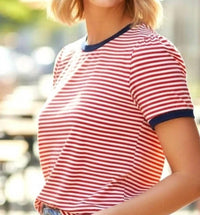 Stacatto - Striped Knit Puff Half Sleeve Top