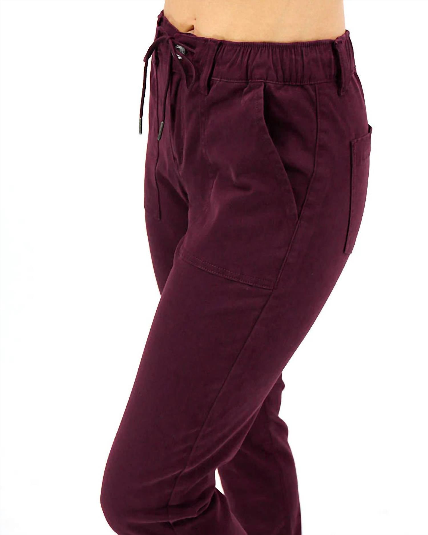Grace and Lace Women's Sueded Twill Joggers in wine - women's pants - detail view
