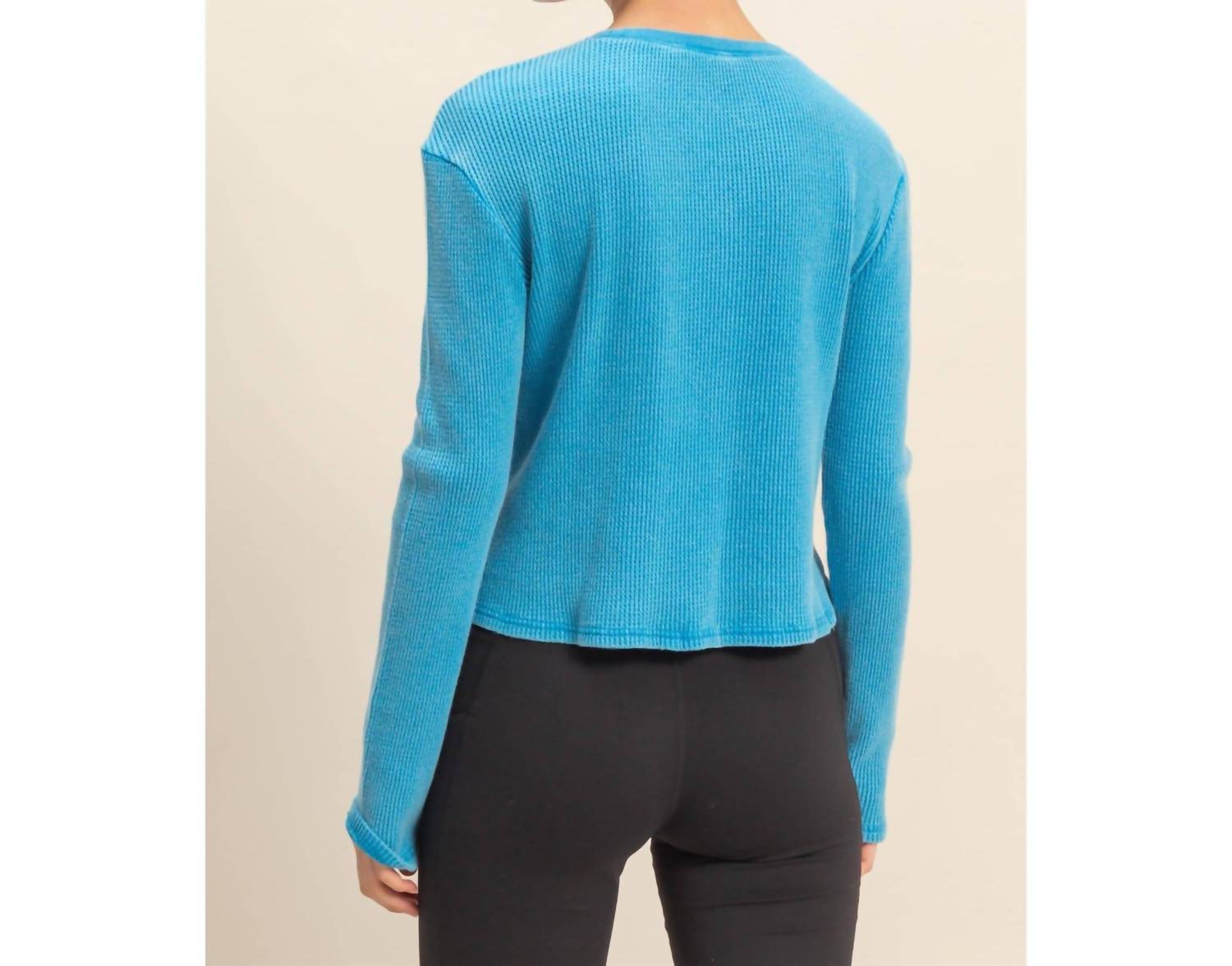 HYFVE Logan Long Sleeve Top in ocean blue - women's long sleeve top - detail view
