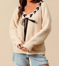 So Me - Braided Ribbon V-neck Sweater Top