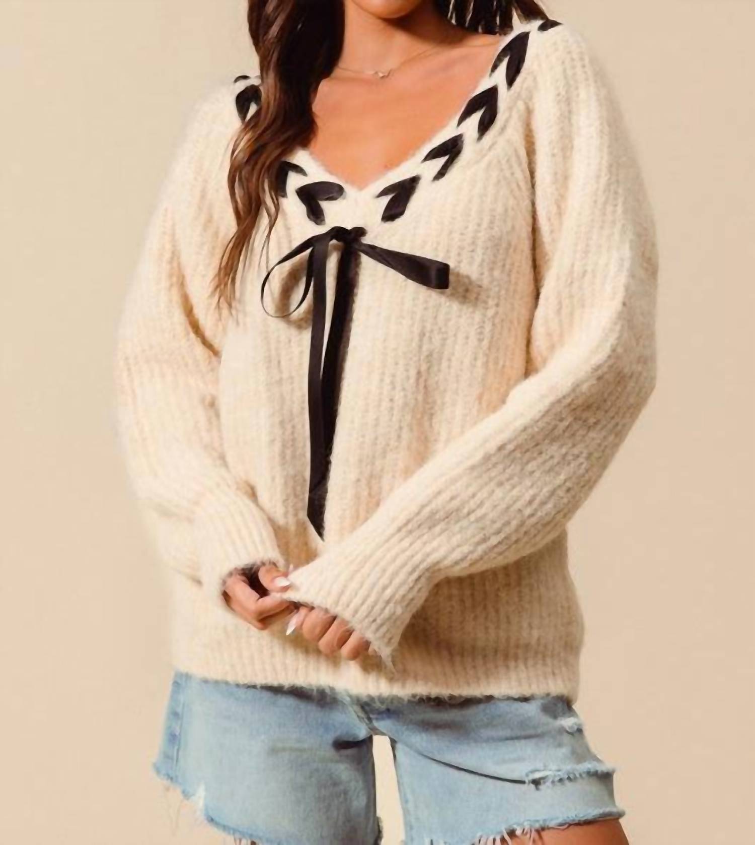So Me - Braided Ribbon V-neck Sweater Top