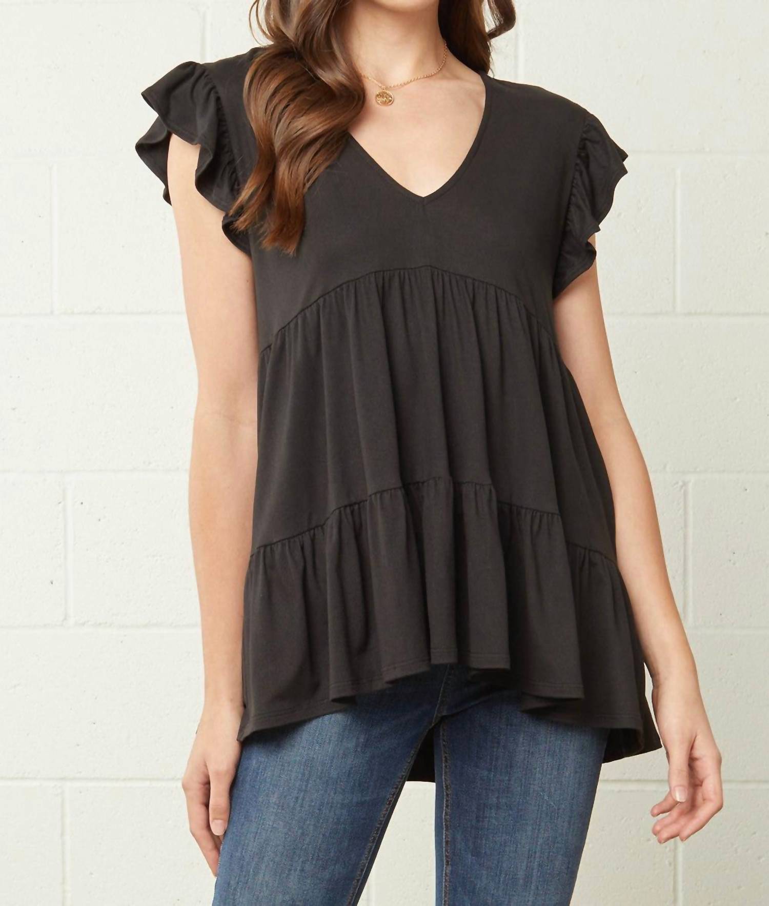 entro Tiered Ruffle Babydoll Top in black - women's blouse