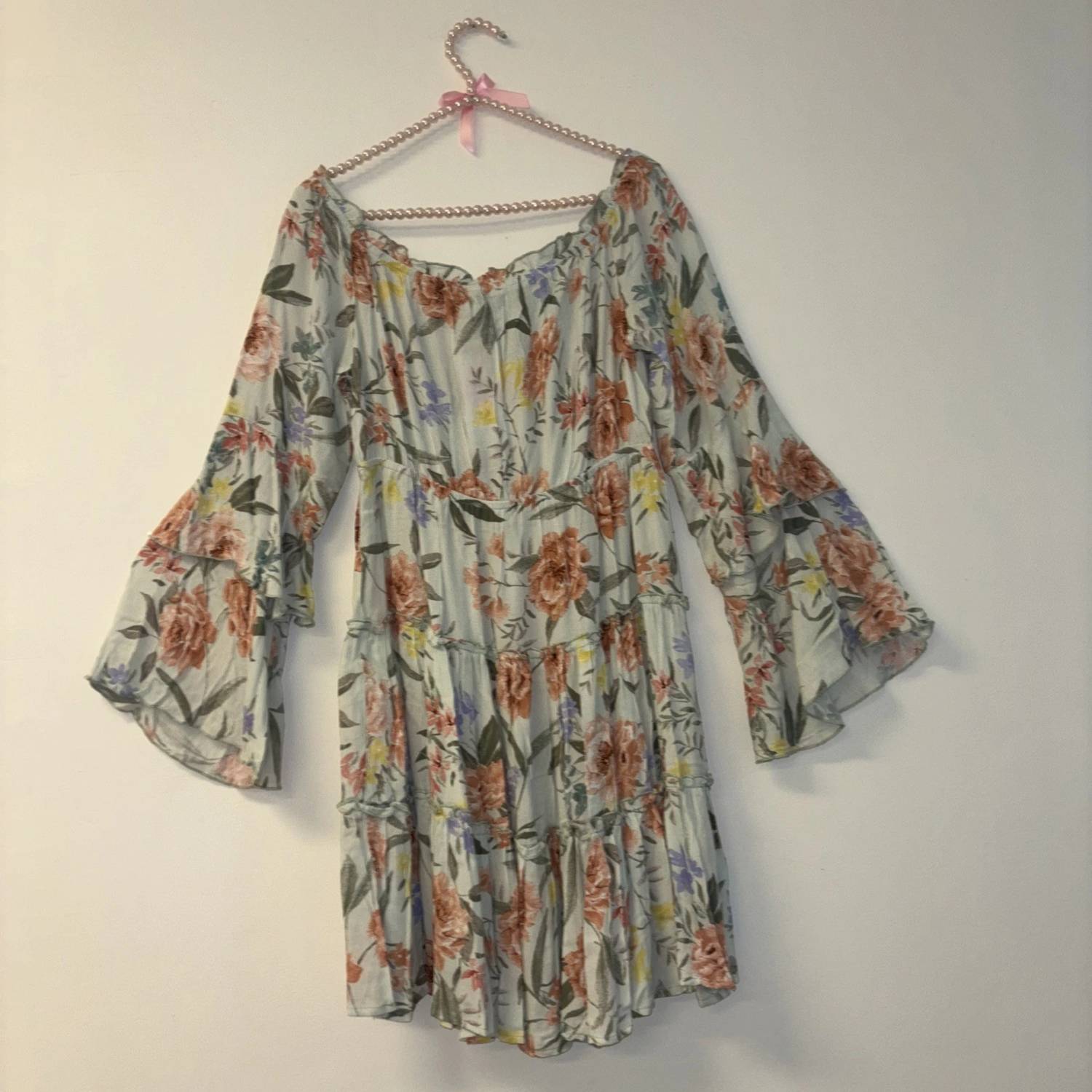 Blue B - Off-shoulder Flower Tiered Short Dress