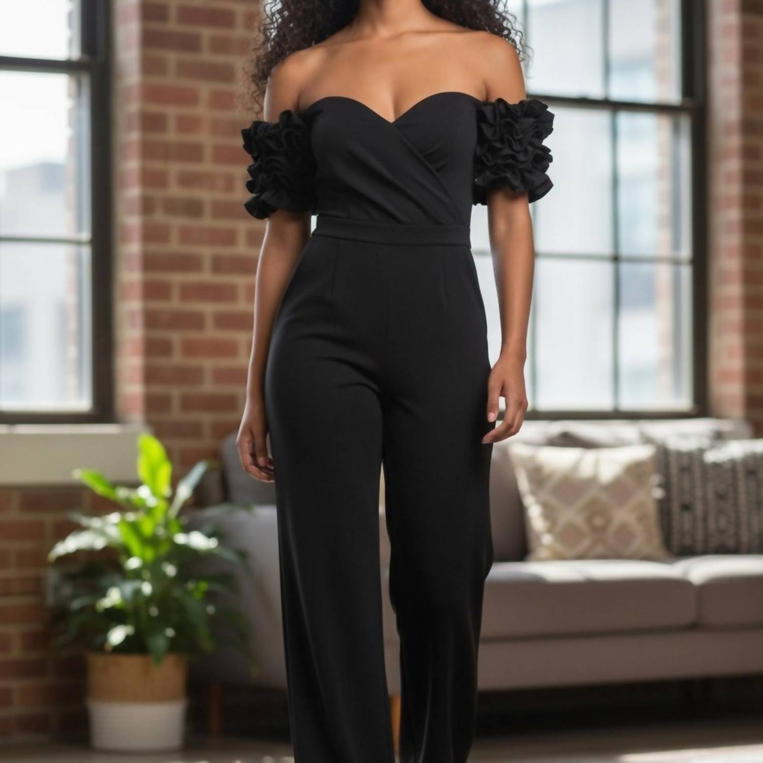 Xscape Elegant Off-shoulder Jumpsuit in black - women's pants - detail view