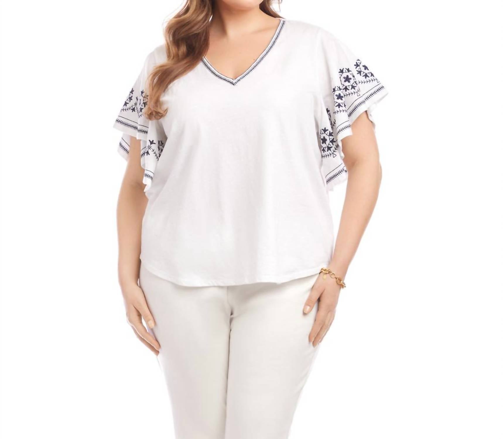 Karen Kane - Embroidered Flutter Sleeve Top - Plus