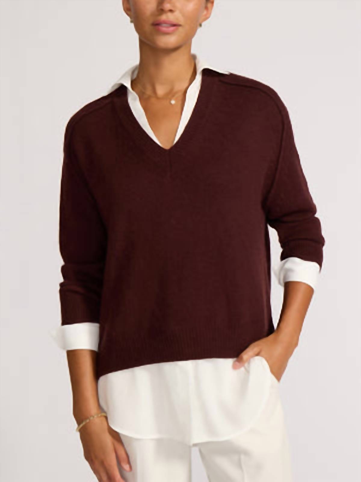 Brochu Walker V-Neck Layered Pullover Sweater in cordovan - women's sweater