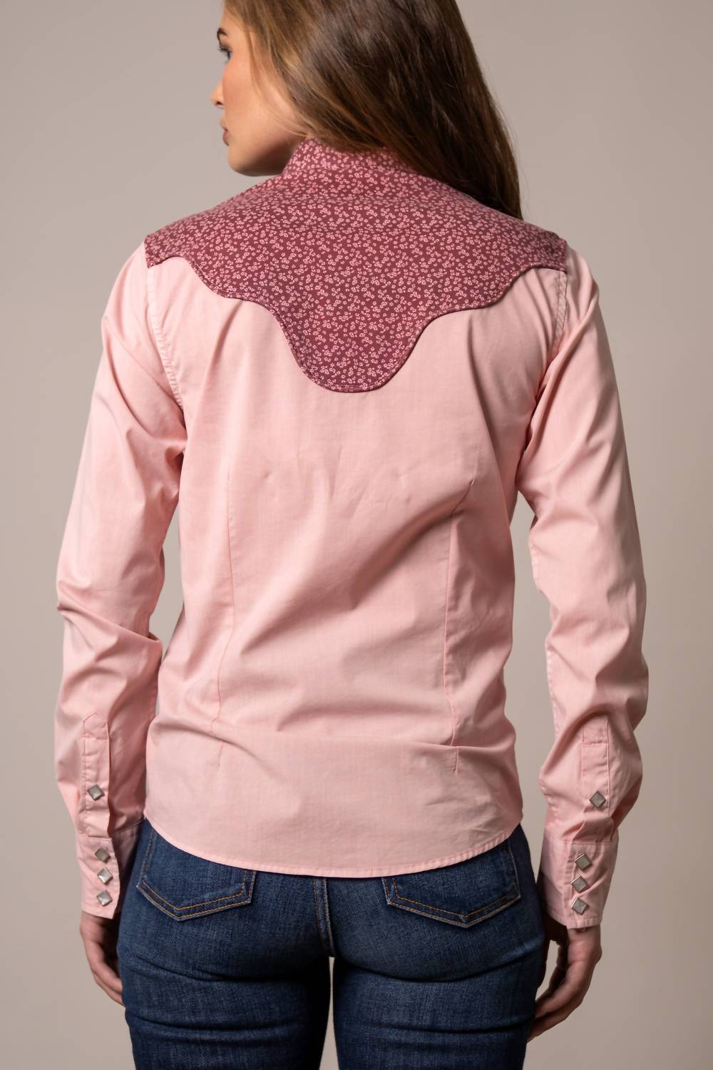 Kimes Ranch Birdie Pearl Snap Shirt in pink - women's long sleeve top - detail view