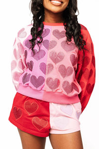 QUEEN OF SPARKLES Colorblock Rhinestone Hearts Sweatshirt in pink - women's top