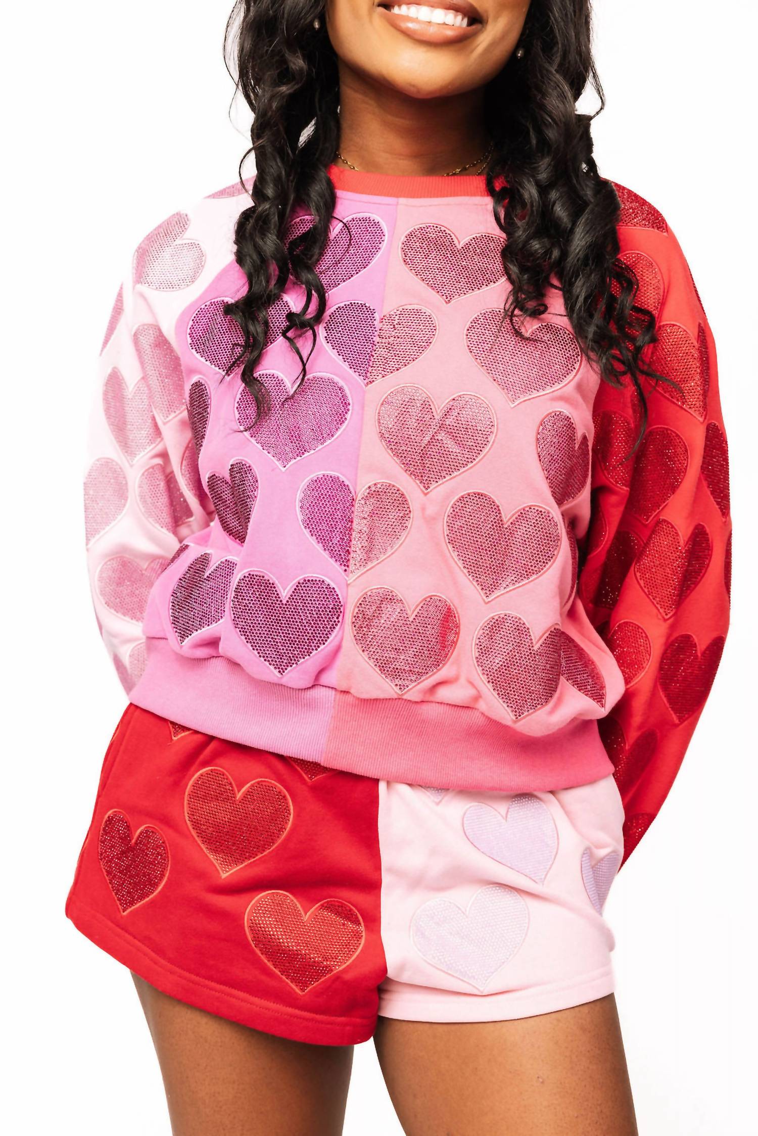 QUEEN OF SPARKLES Colorblock Rhinestone Hearts Sweatshirt in pink - women's top