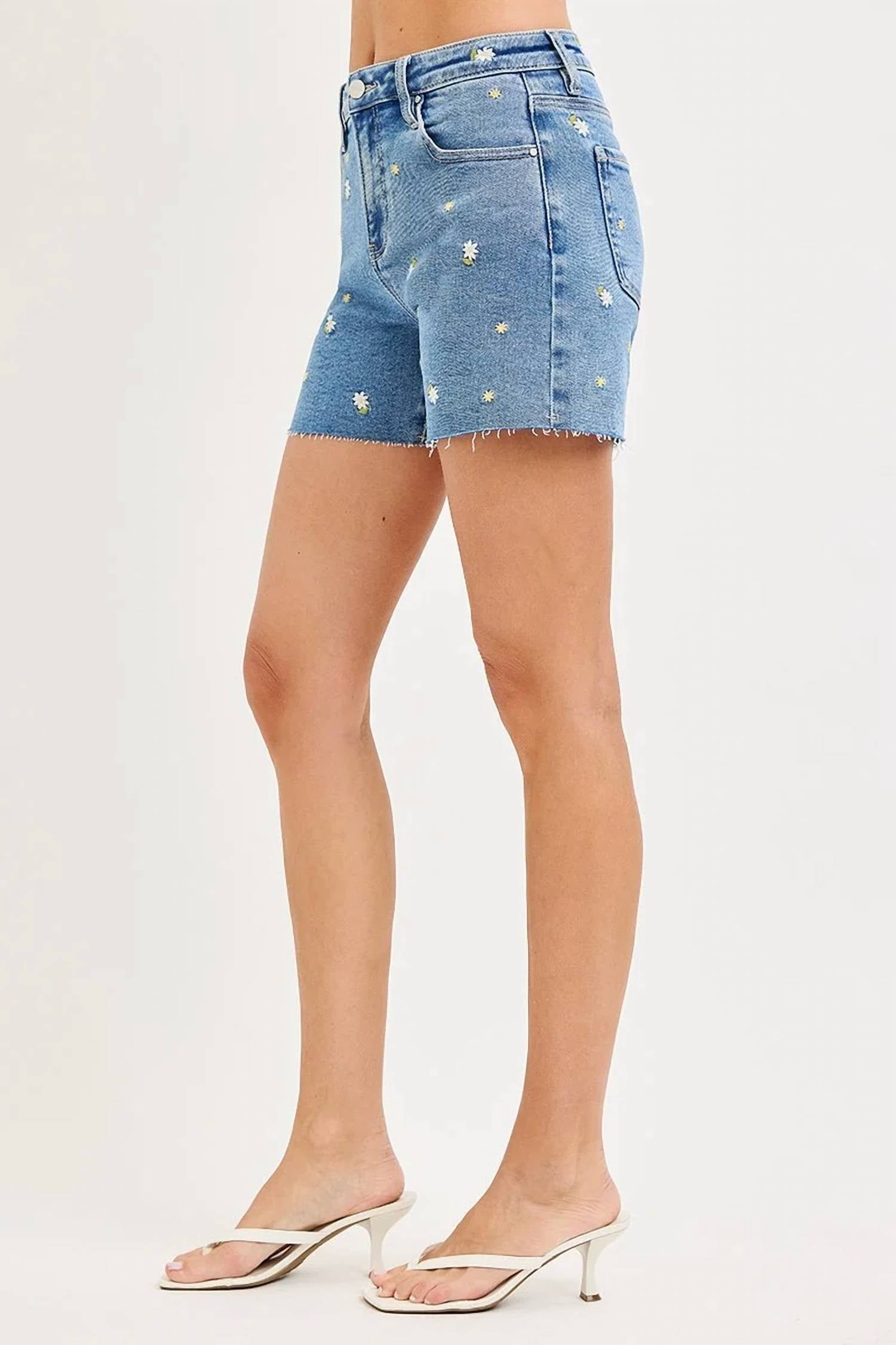 Risen - Floral Embroidered Denim Shorts