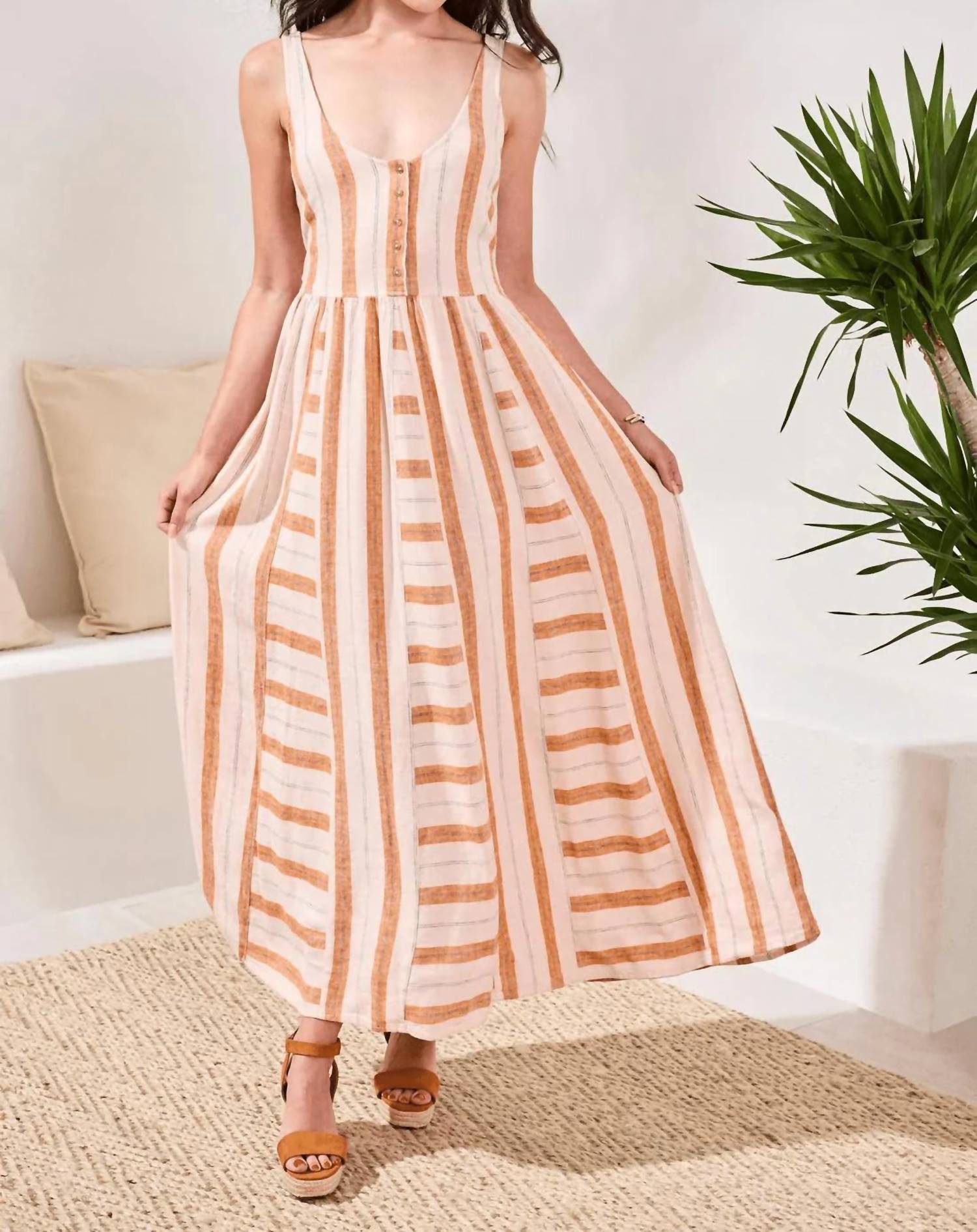 Tribal - Contrast Inserts Adjustable Waist Sash Midi Dress