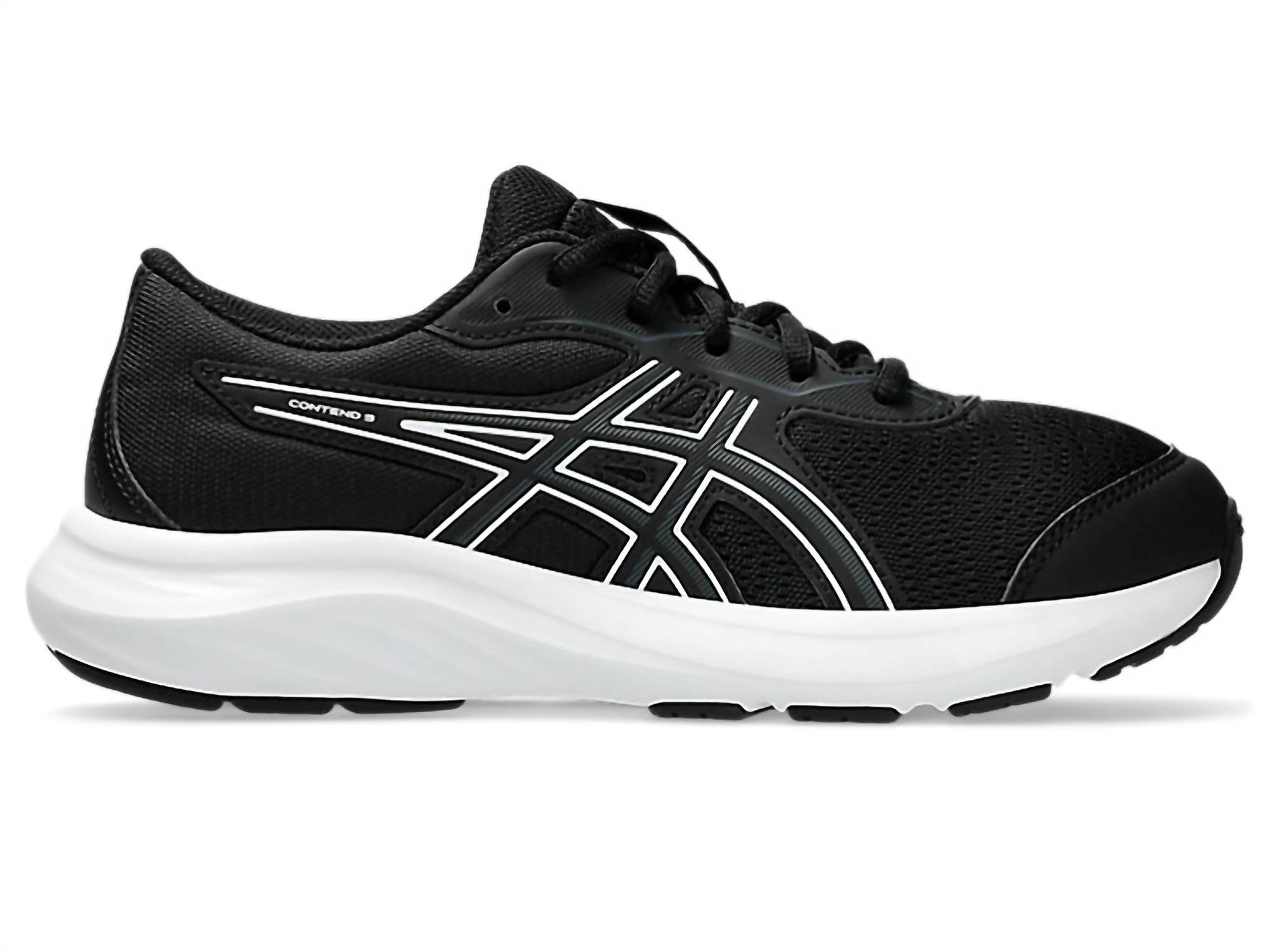 ASICS Grade School Kid's Contend 9 Sneaker in black white - kids' sneaker - detail view