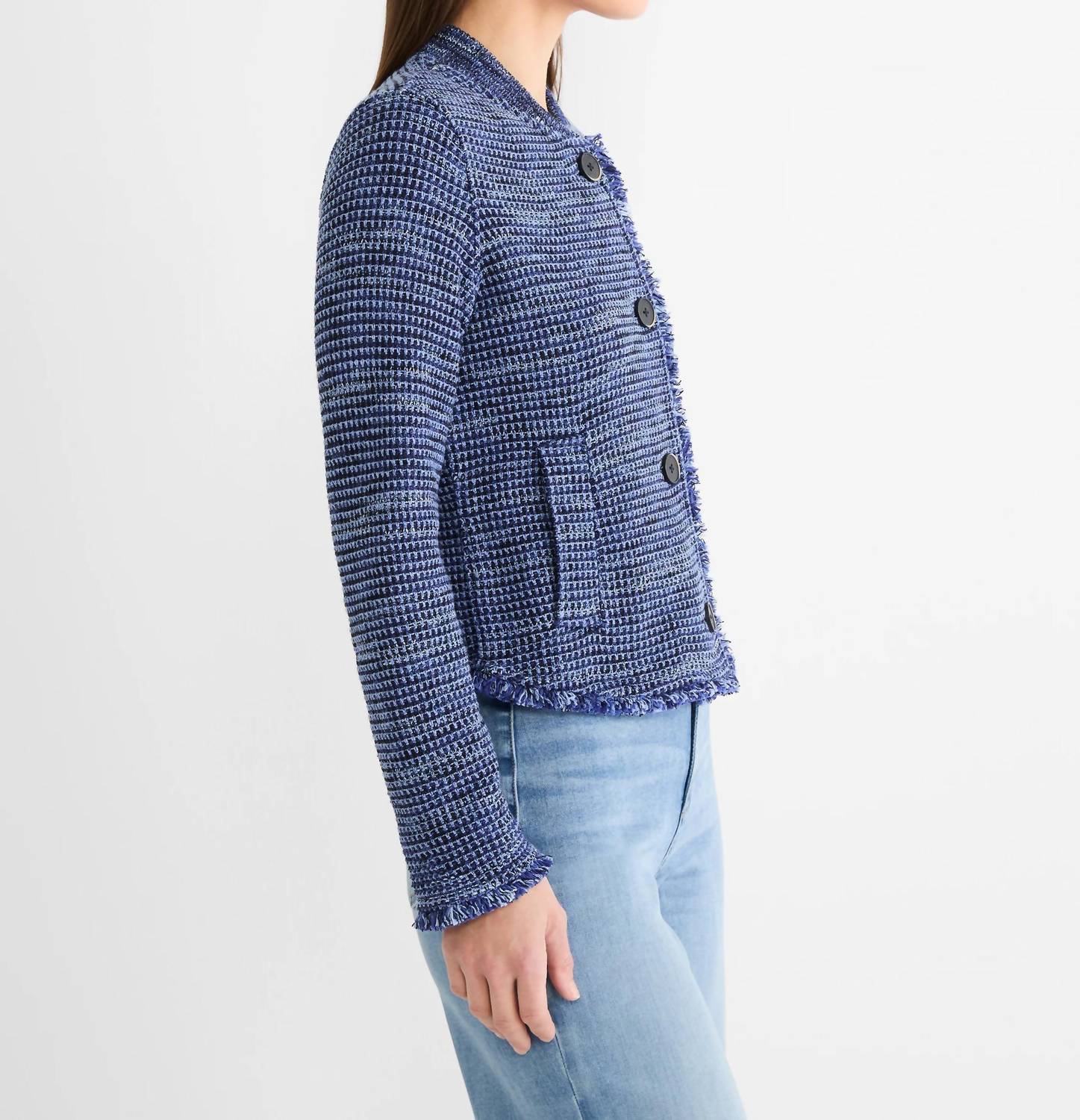 Nic + Zoe Fringe Knit Bomber Jacket in blue mix - women's jacket - detail view