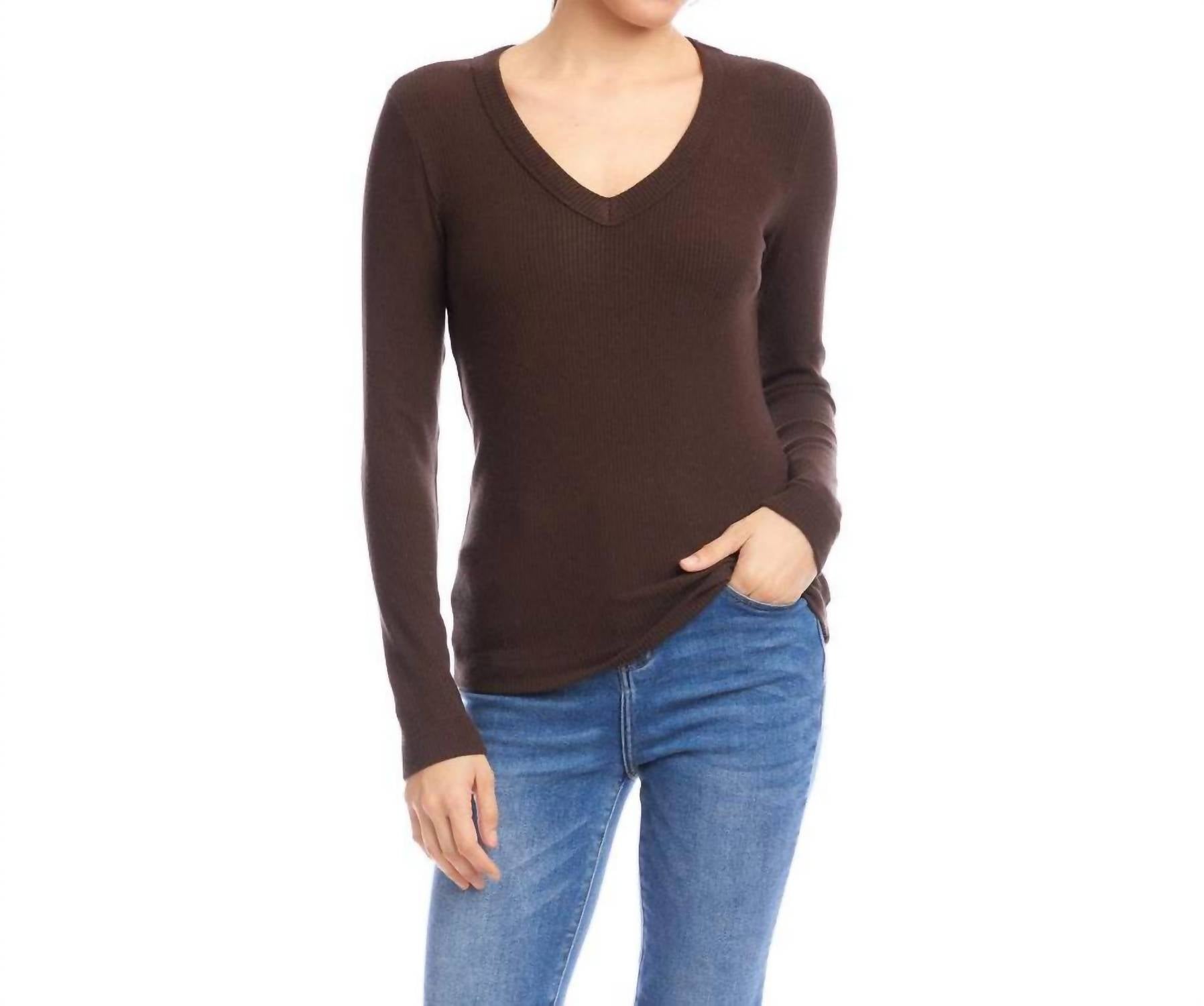 Karen Kane Long Sleeve Ribbed V-Neck Top in brown - women's long sleeve top