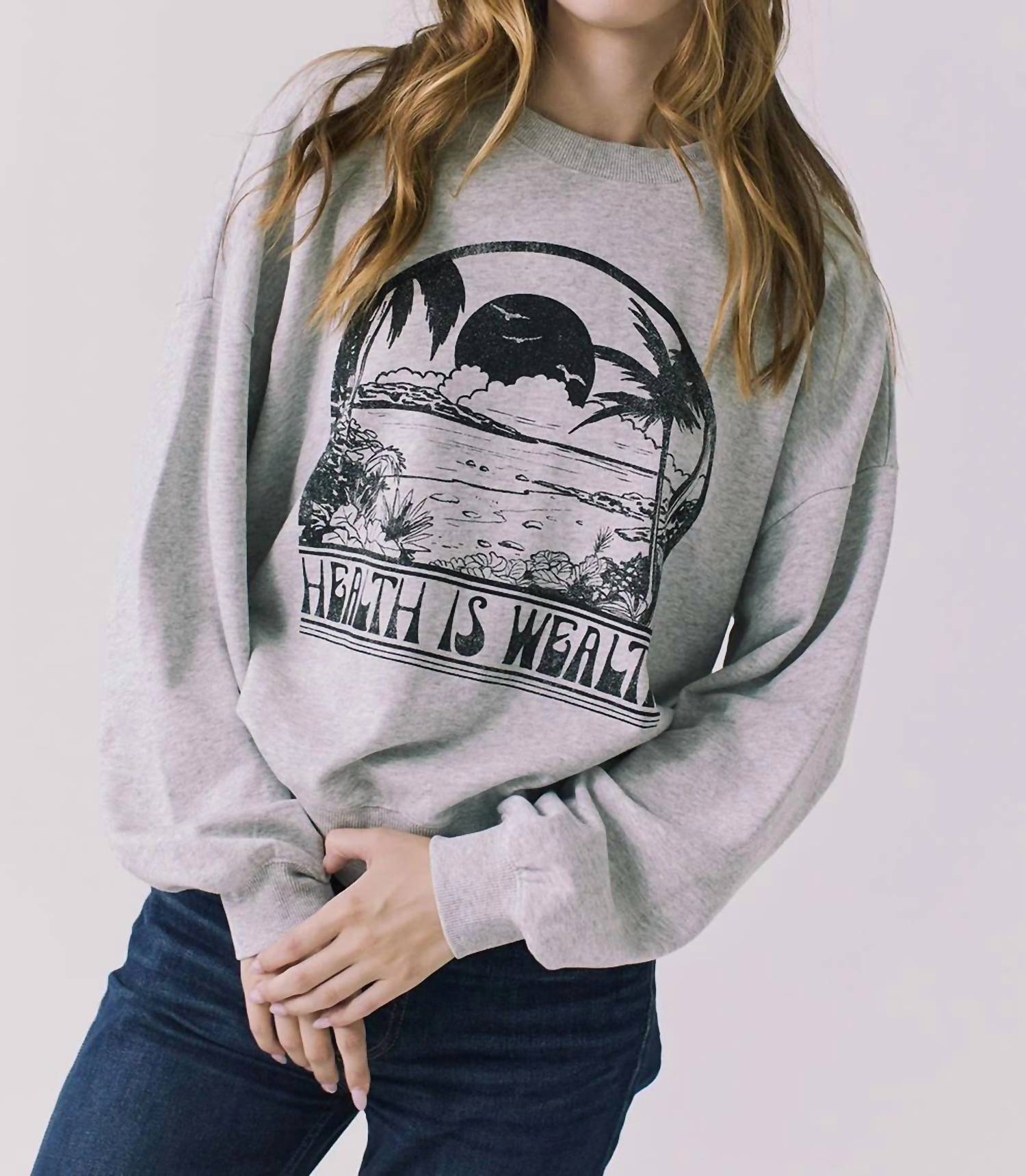 Chaser Health Is Wealth Cotton Pullover Sweatshirt in heather grey - women's top