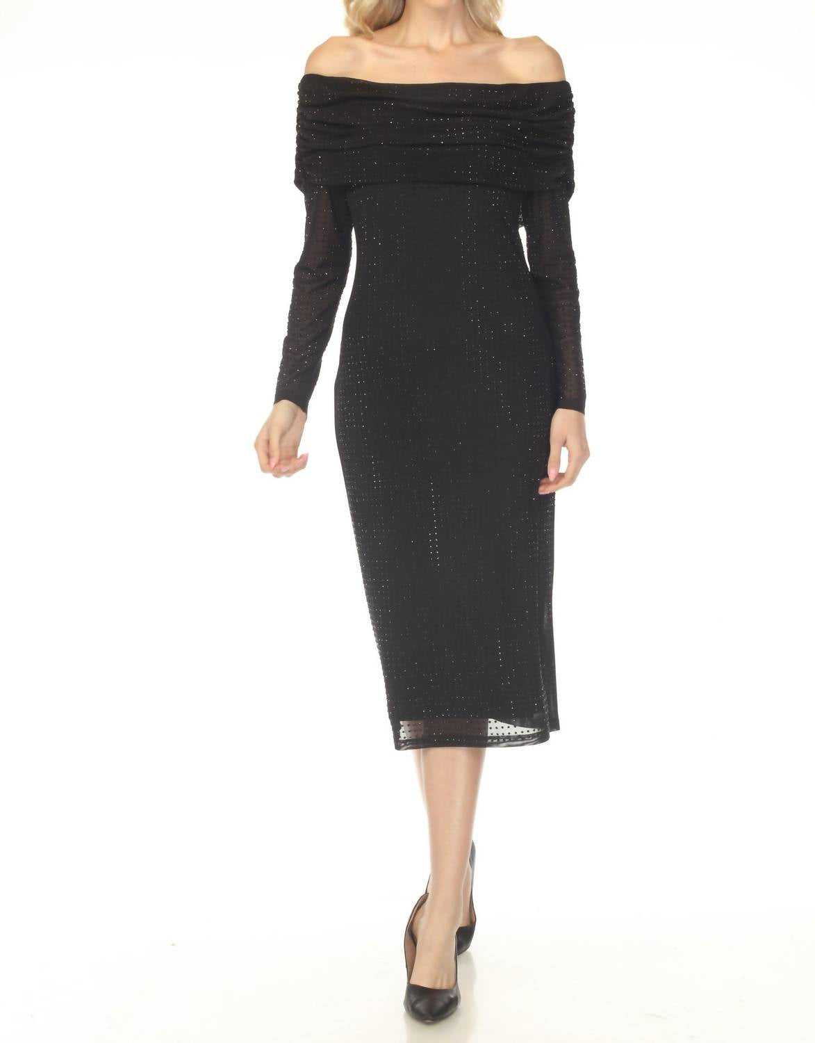 Joseph Ribkoff - Rhinestone Off-shoulder Ruched Midi Dress