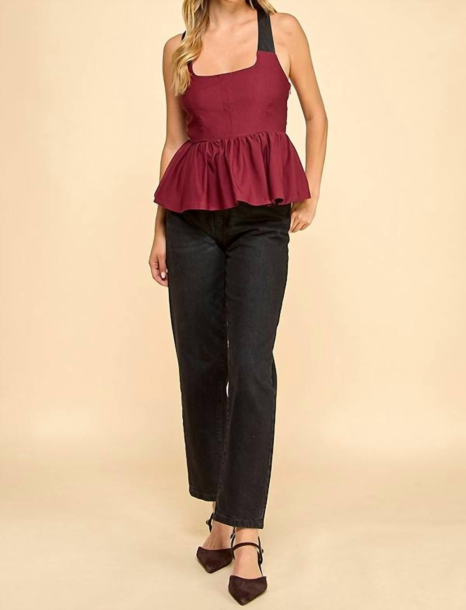 BABY PINK Racer Back Babydoll Halter Top in maroon - women's tank top