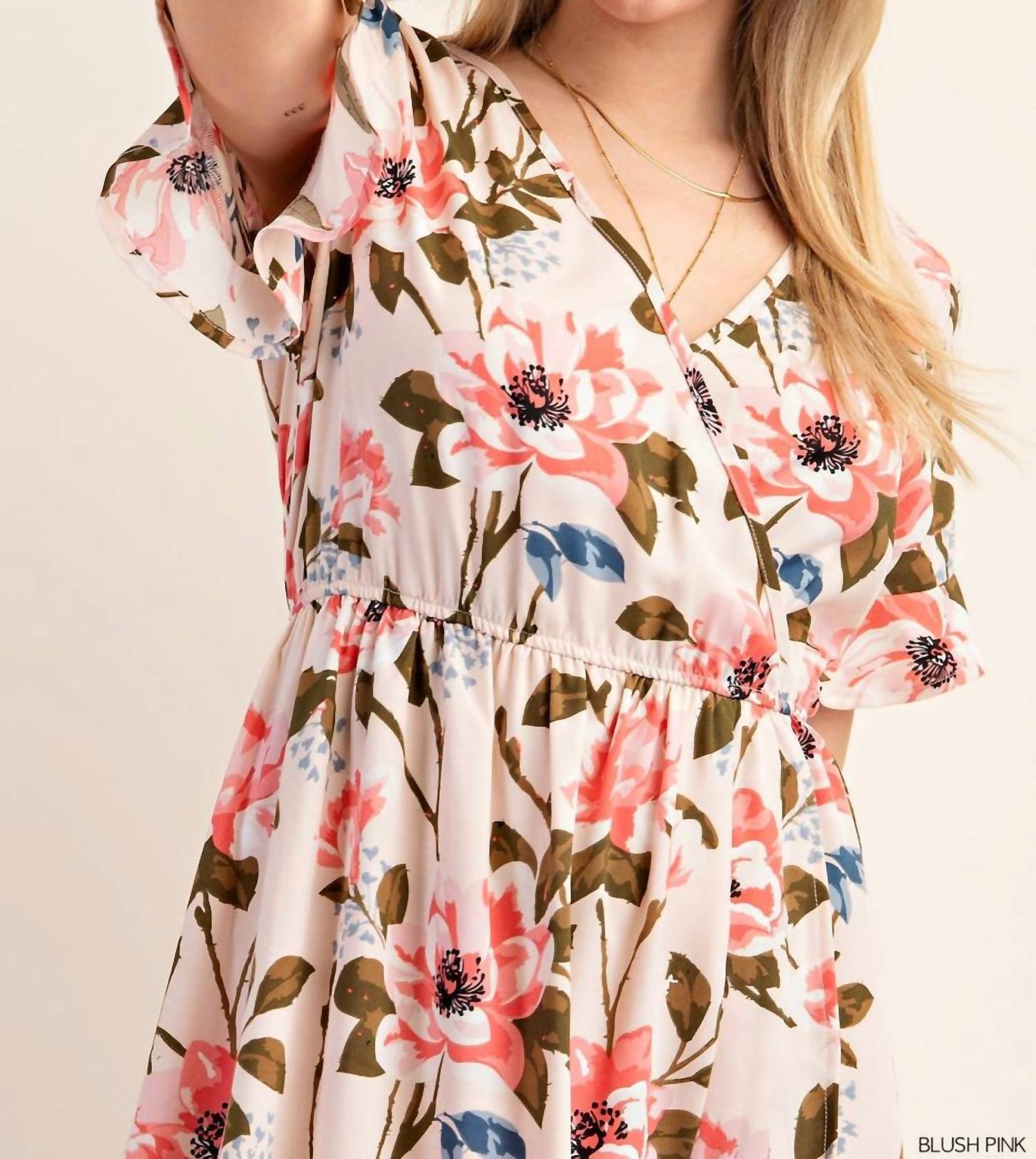 Chris & Carol - Floral V Neck High Low Elastic Waist Midi Dress