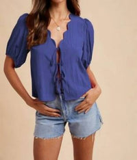Anniewear - Scallop Detailed Neck Tie Front Blouse