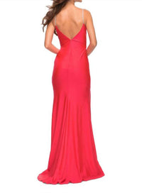 La Femme Neon Jersey Rhinestone Strap Gown in hot coral - women's dress - detail view