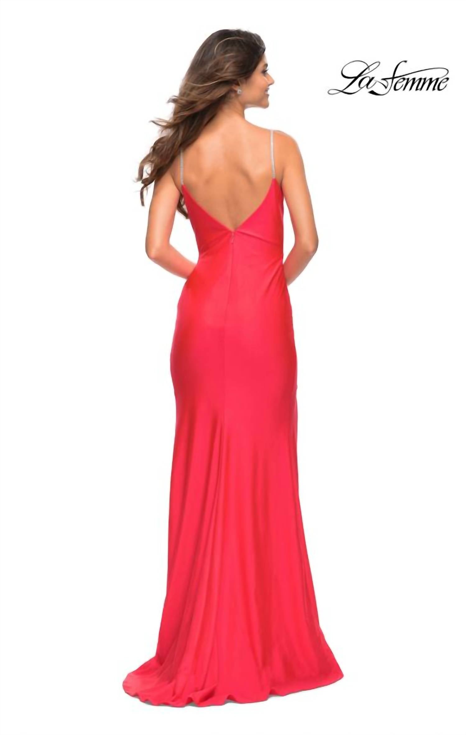 La Femme Neon Jersey Rhinestone Strap Gown in hot coral - women's dress - alternate view