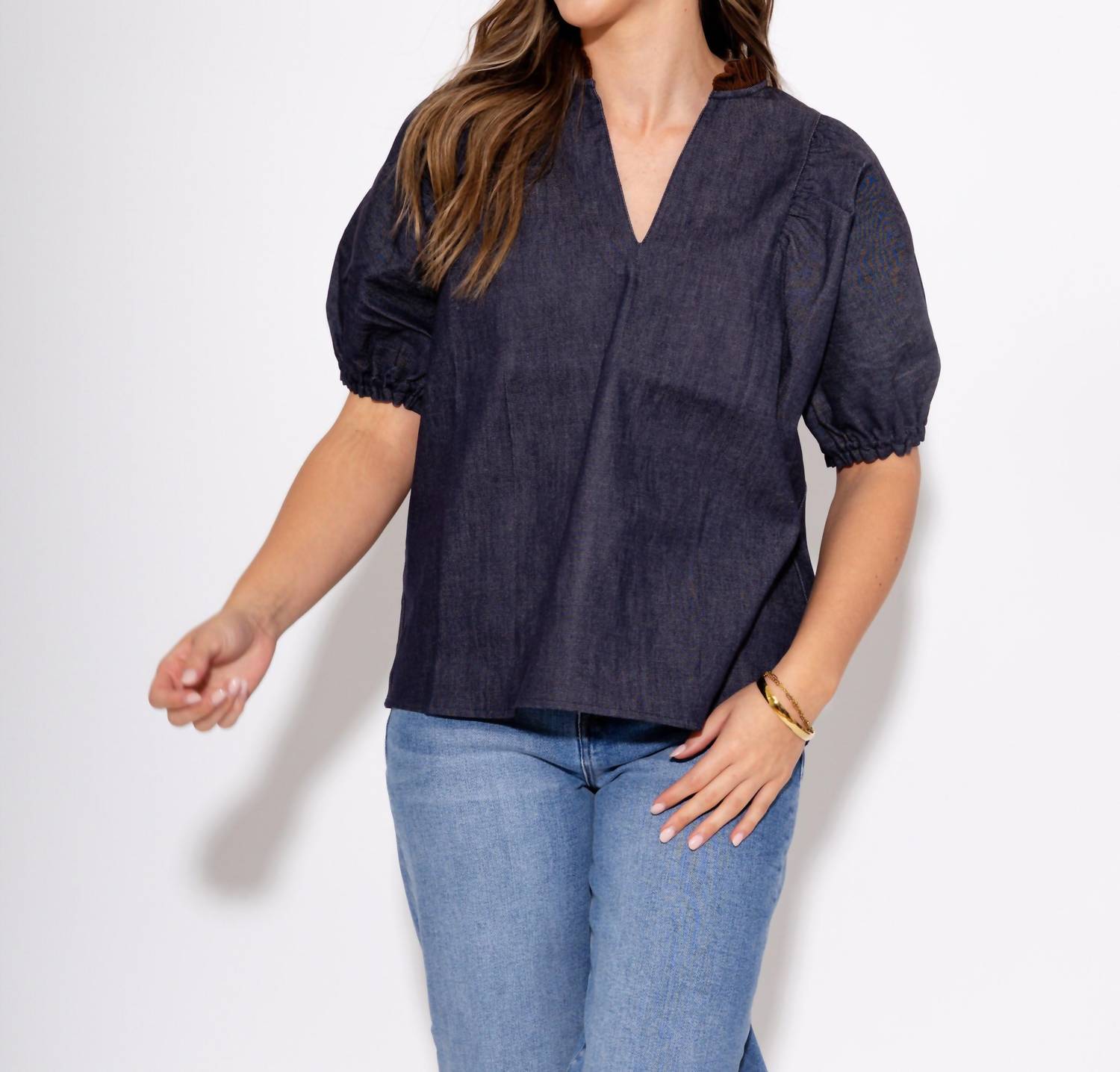 THML Split Neck Suede Ruffle Denim Top in navy - women's blouse - view 8