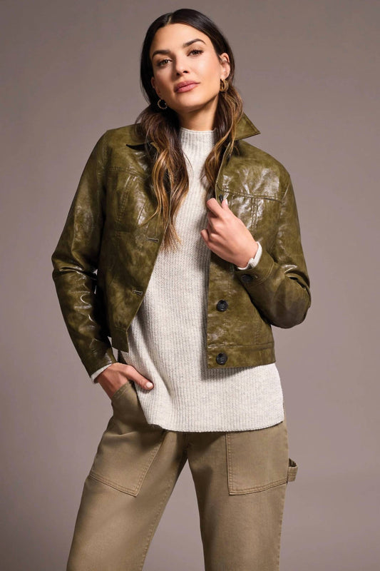 Tribal - Faux Leather Button-front Collar-accent Jacket