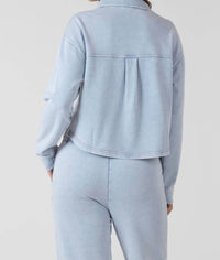 Dex Clothing Cropped Knit Button Up Overshirt in light blue - women's shirt - detail view