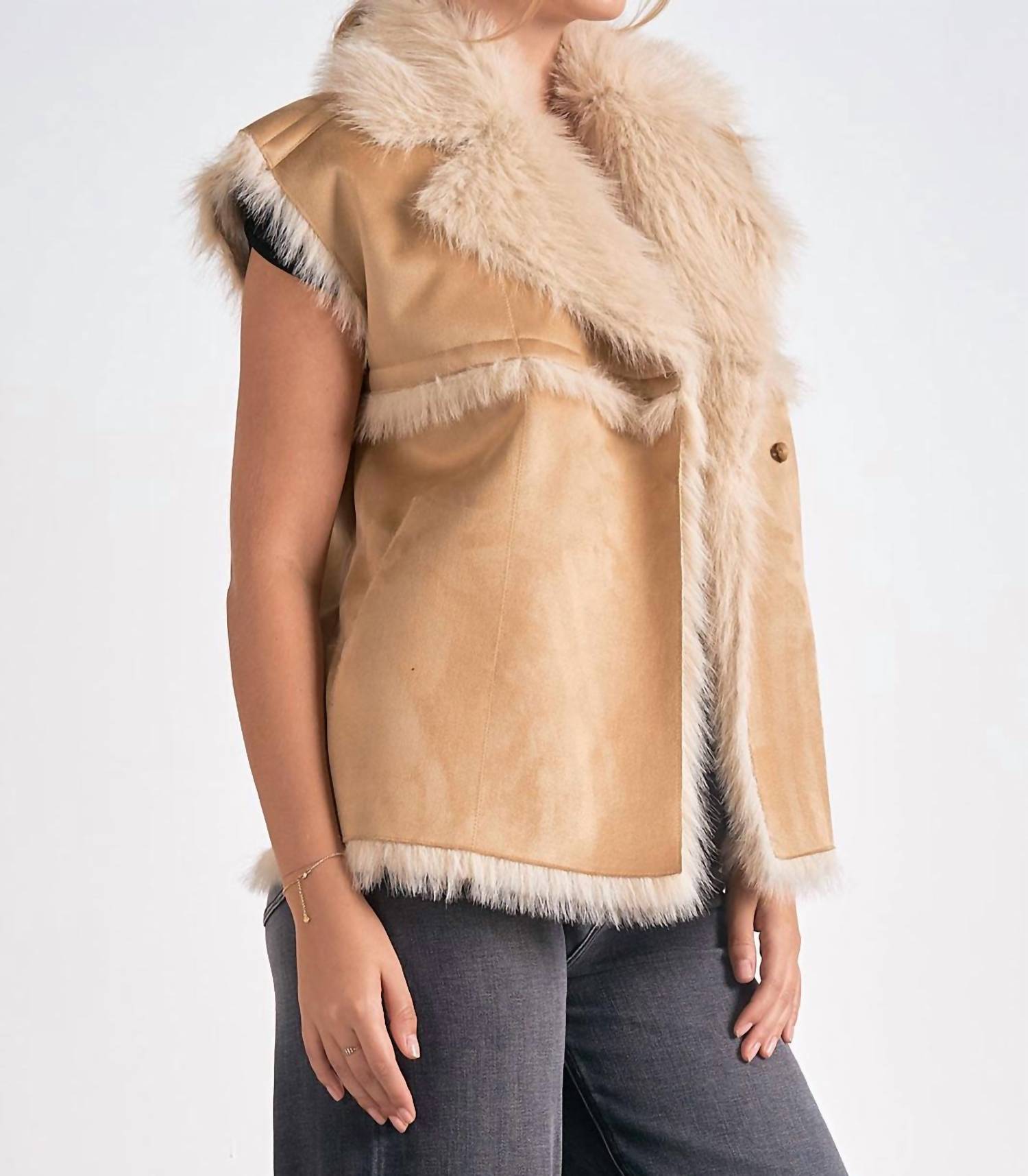 ELAN Eloise Long Faux Fur Vest in beige - women's cardigan - alternate view