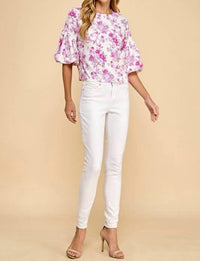 Tcec - Floral Puffed Sleeves Boxy Top