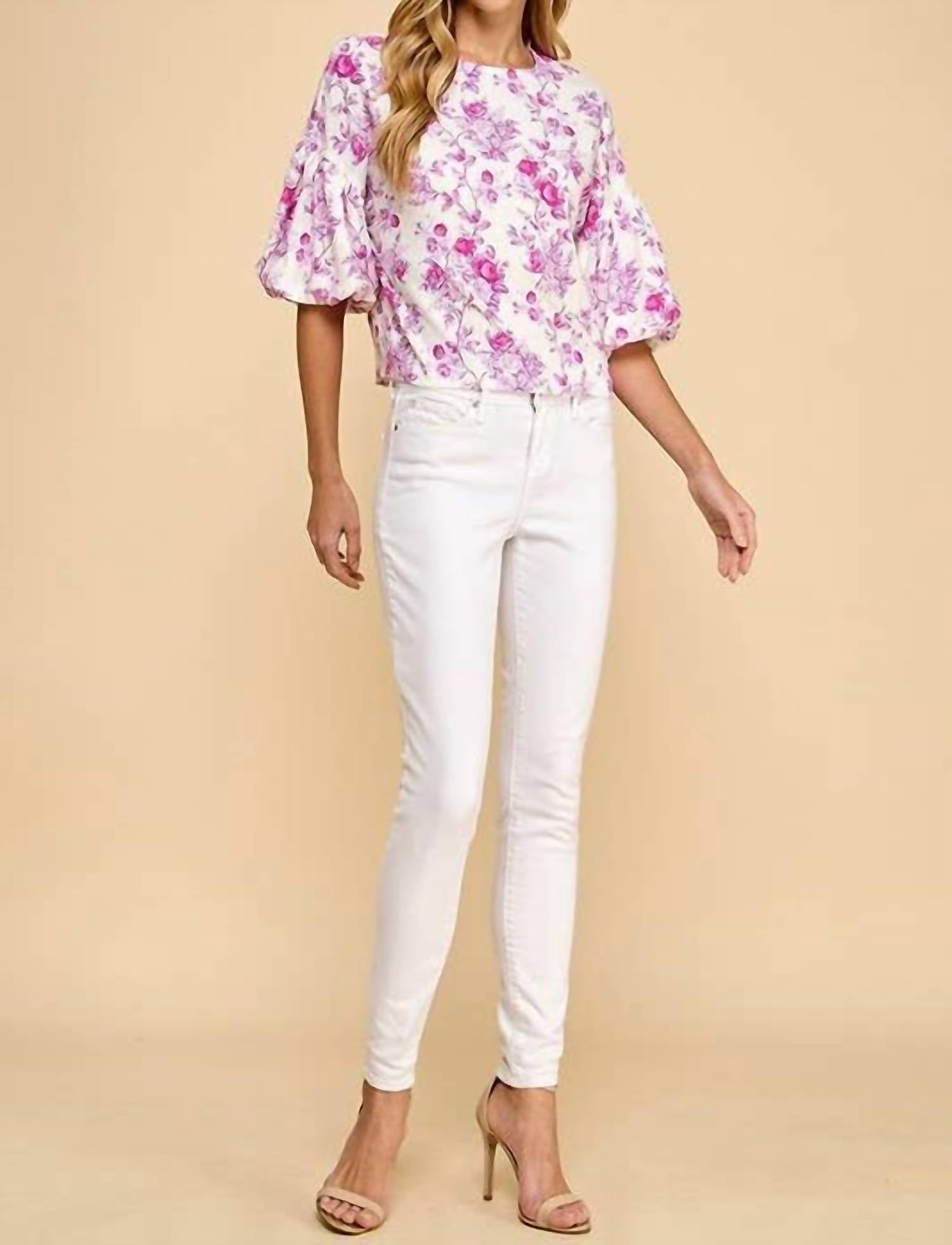 Tcec - Floral Puffed Sleeves Boxy Top