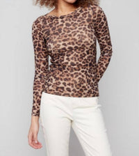 CHARLIE B Printed Mesh Shirt With Gathering in leopard - women's long sleeve top