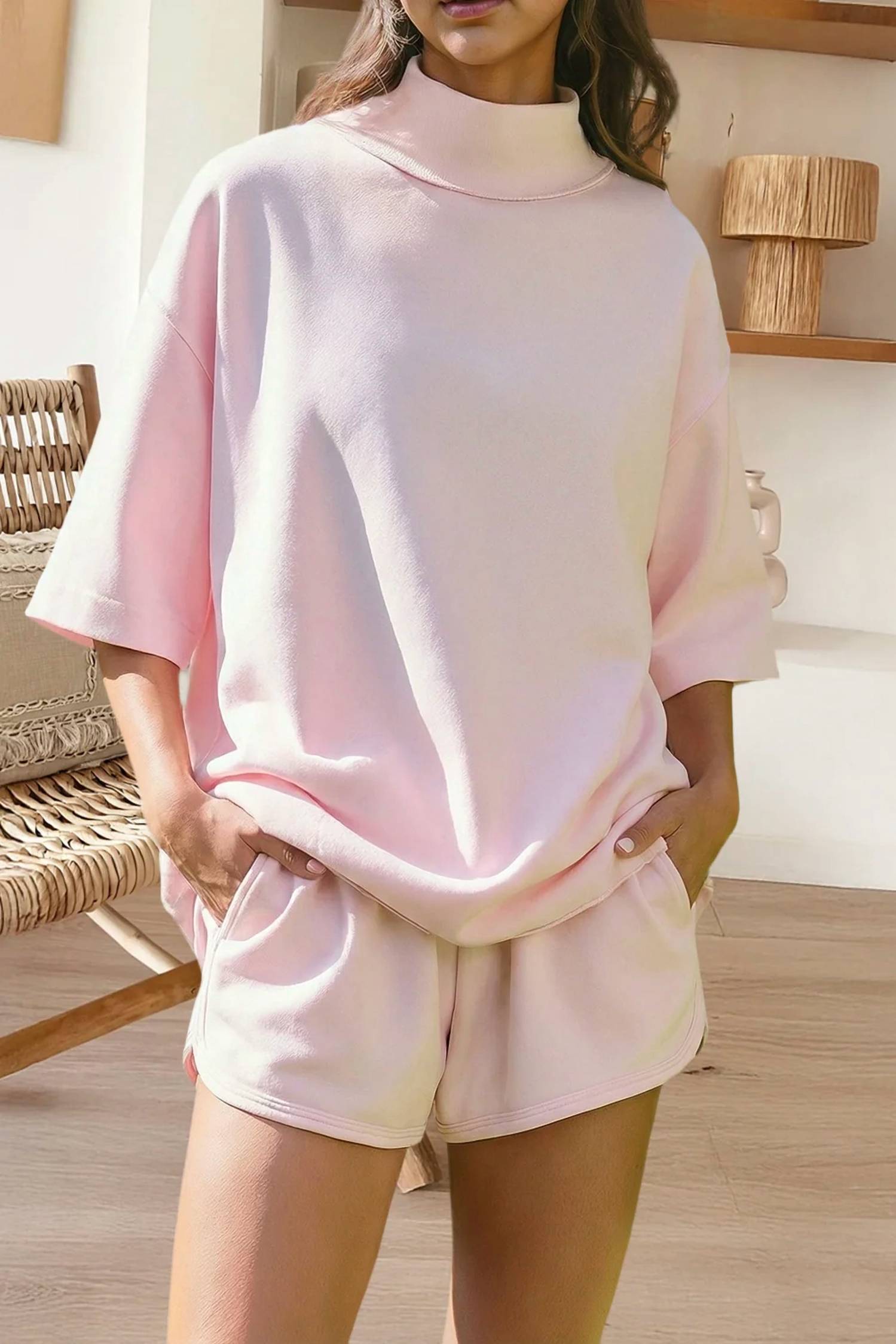 66Disco - Mock Neck Oversize Tee And Casual Shorts Set