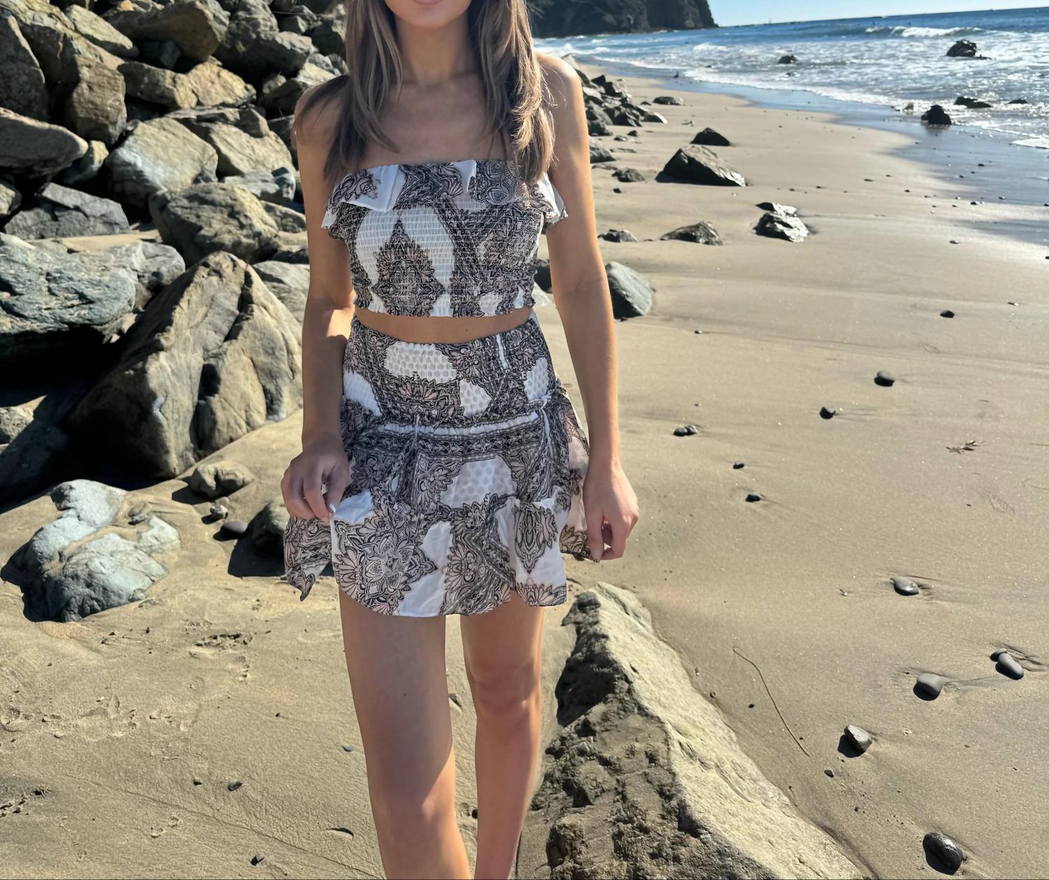Olivaceous - Payton Patterned Strapless Ruffle Two Piece Set