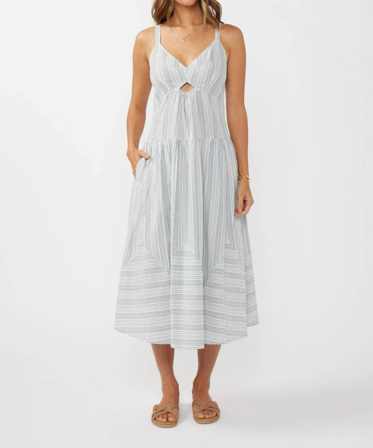 Lovestitch - Striped V Cut-out Midi Dress