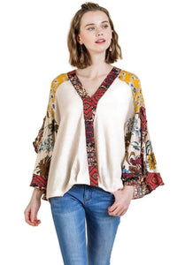 Umgee - Floral Bell Ruffle Sleeve Crossbody Top