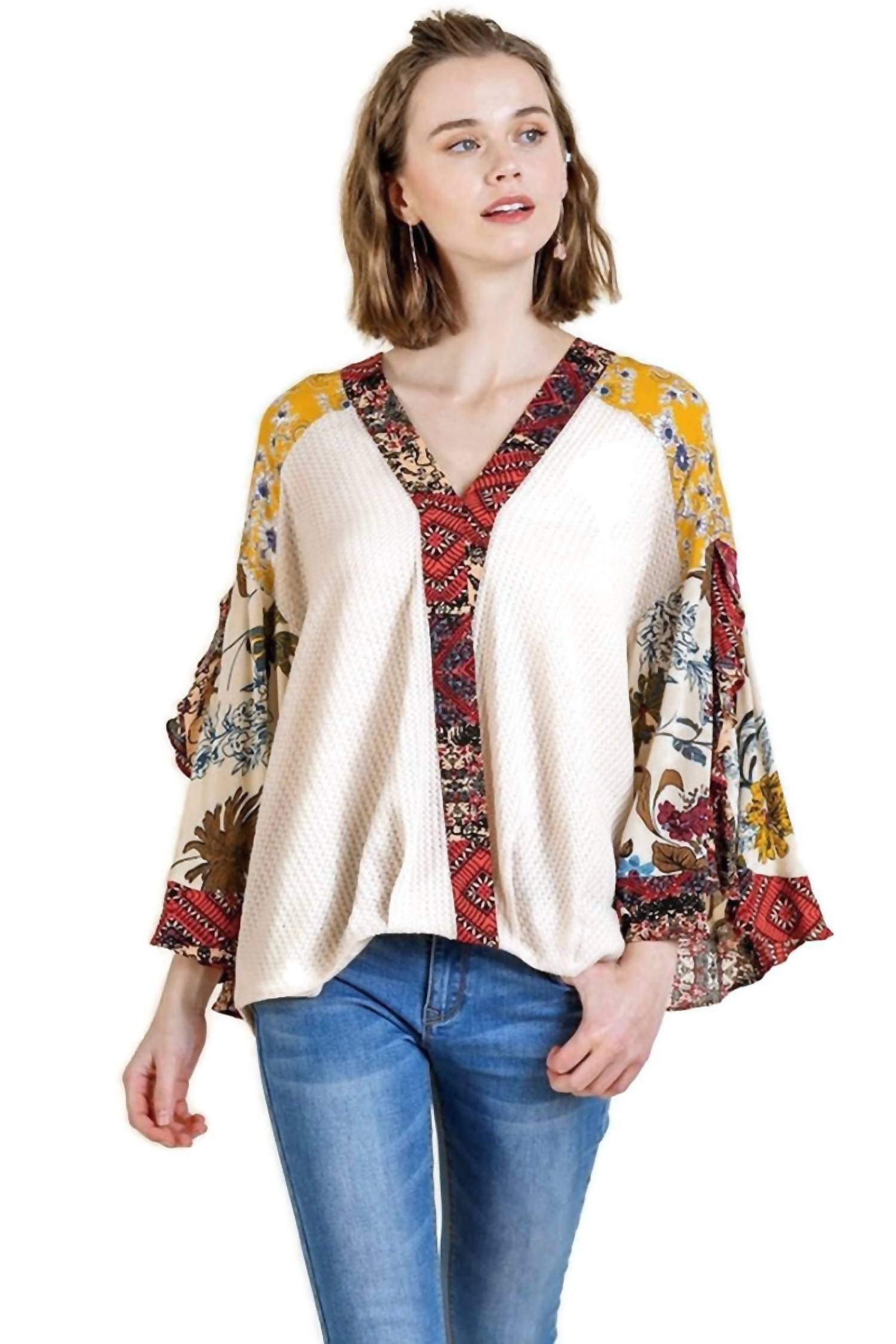 Umgee - Floral Bell Ruffle Sleeve Crossbody Top