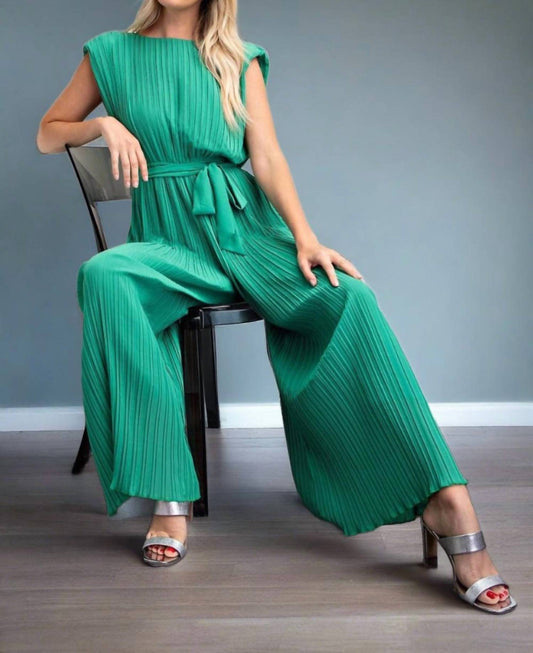 Glam - Pleated Summer Deep V-cut Back Jumpsuit