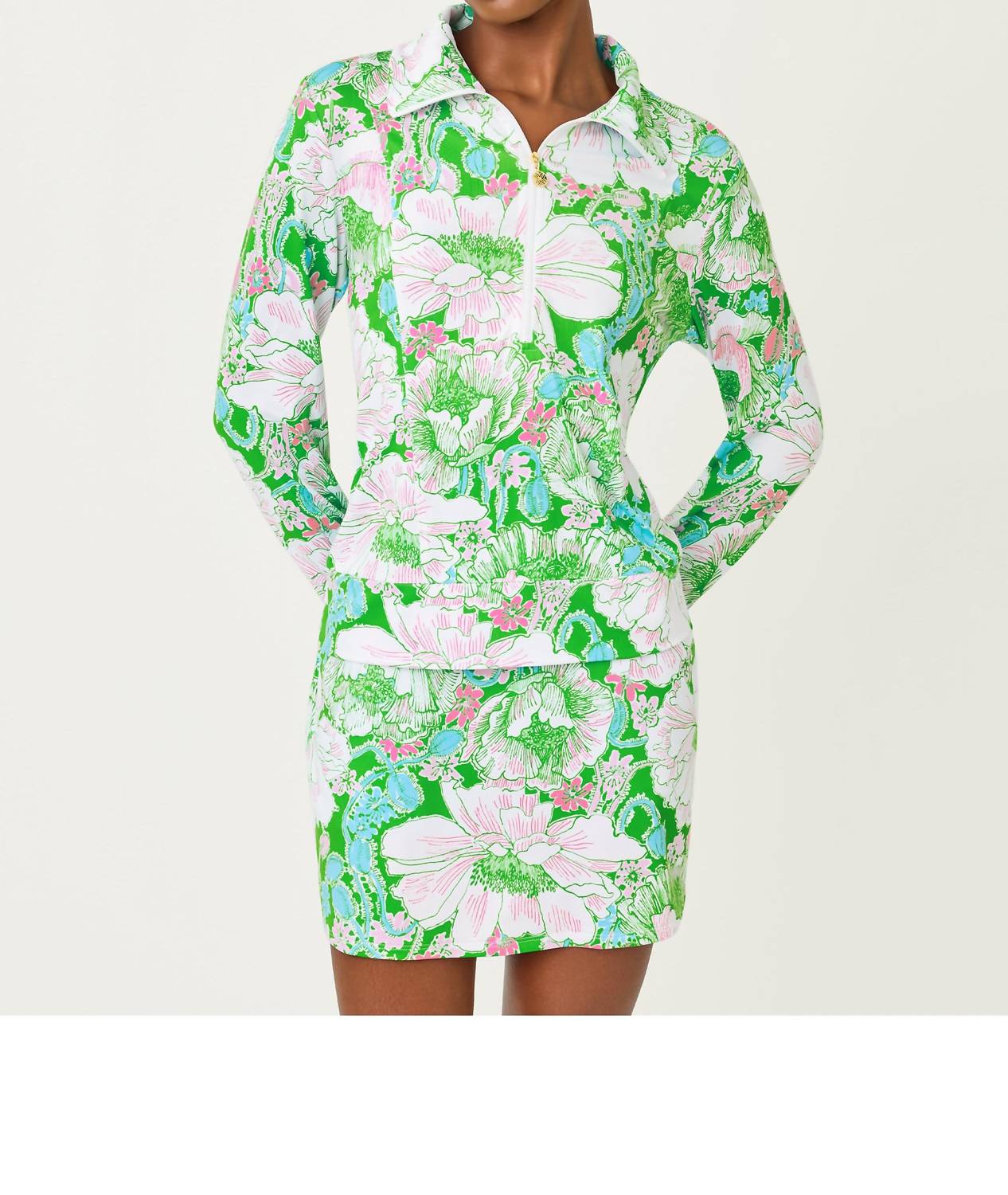 Lilly Pulitzer Eleni Half Zip Pullover Pullover in putting green poppyland - women's long sleeve top