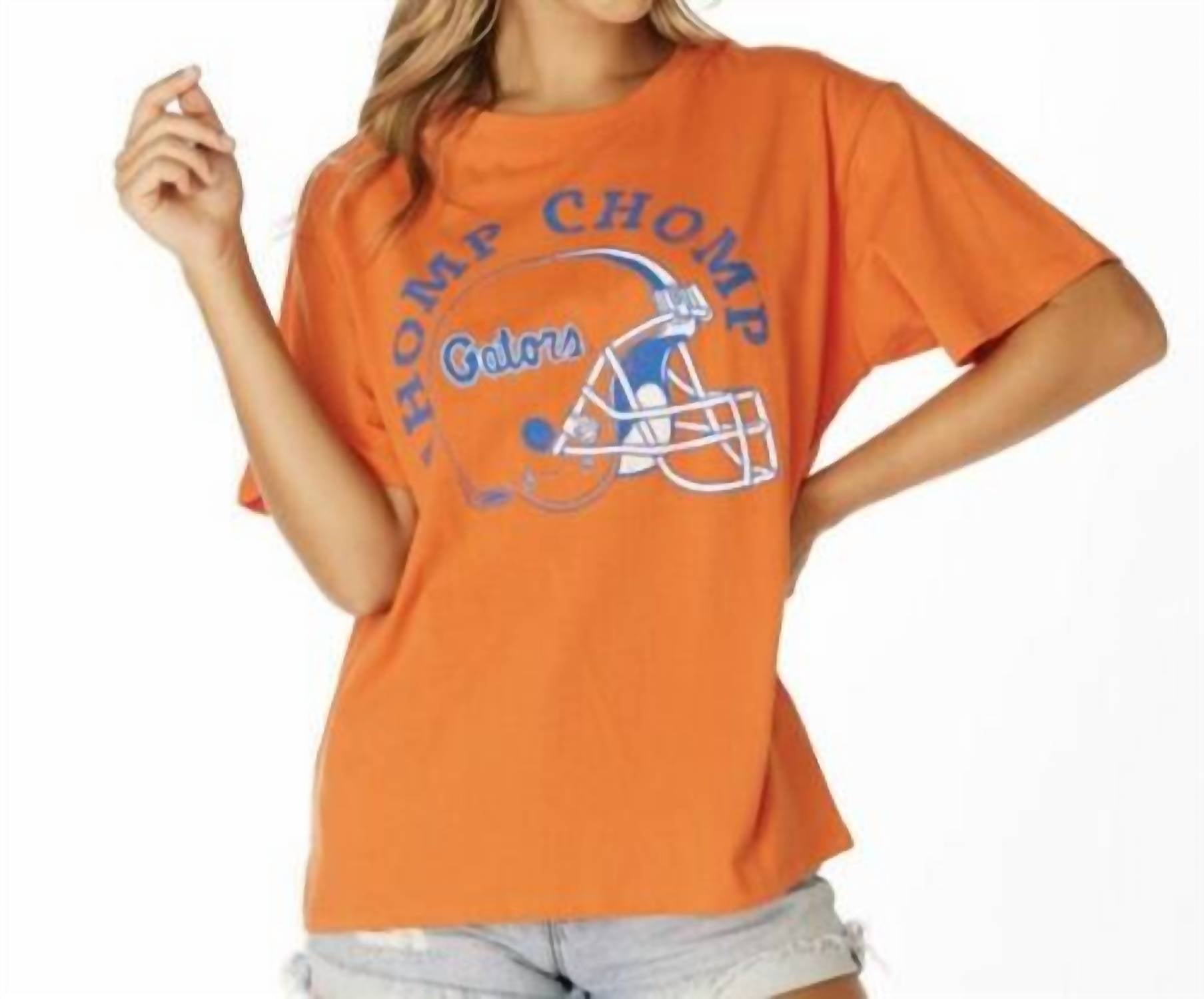 STEWART SIMMONS Chomp Chomp Helmet Boyfriend Tee in orange - women's t-shirt