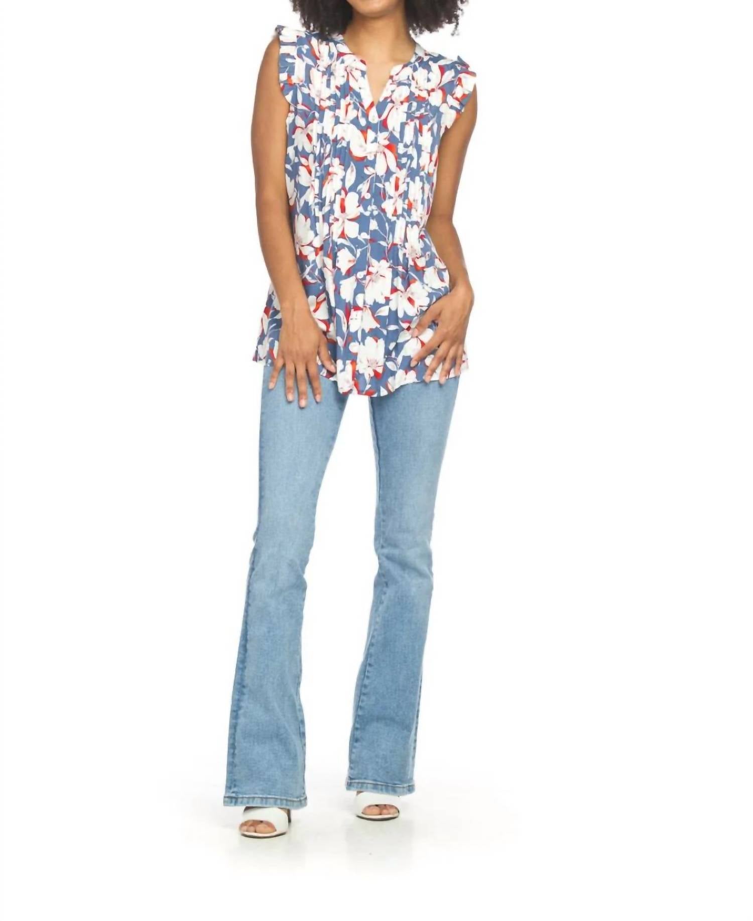 Papillon - Floral Pintucks Blouse With Ruffle Sleeve