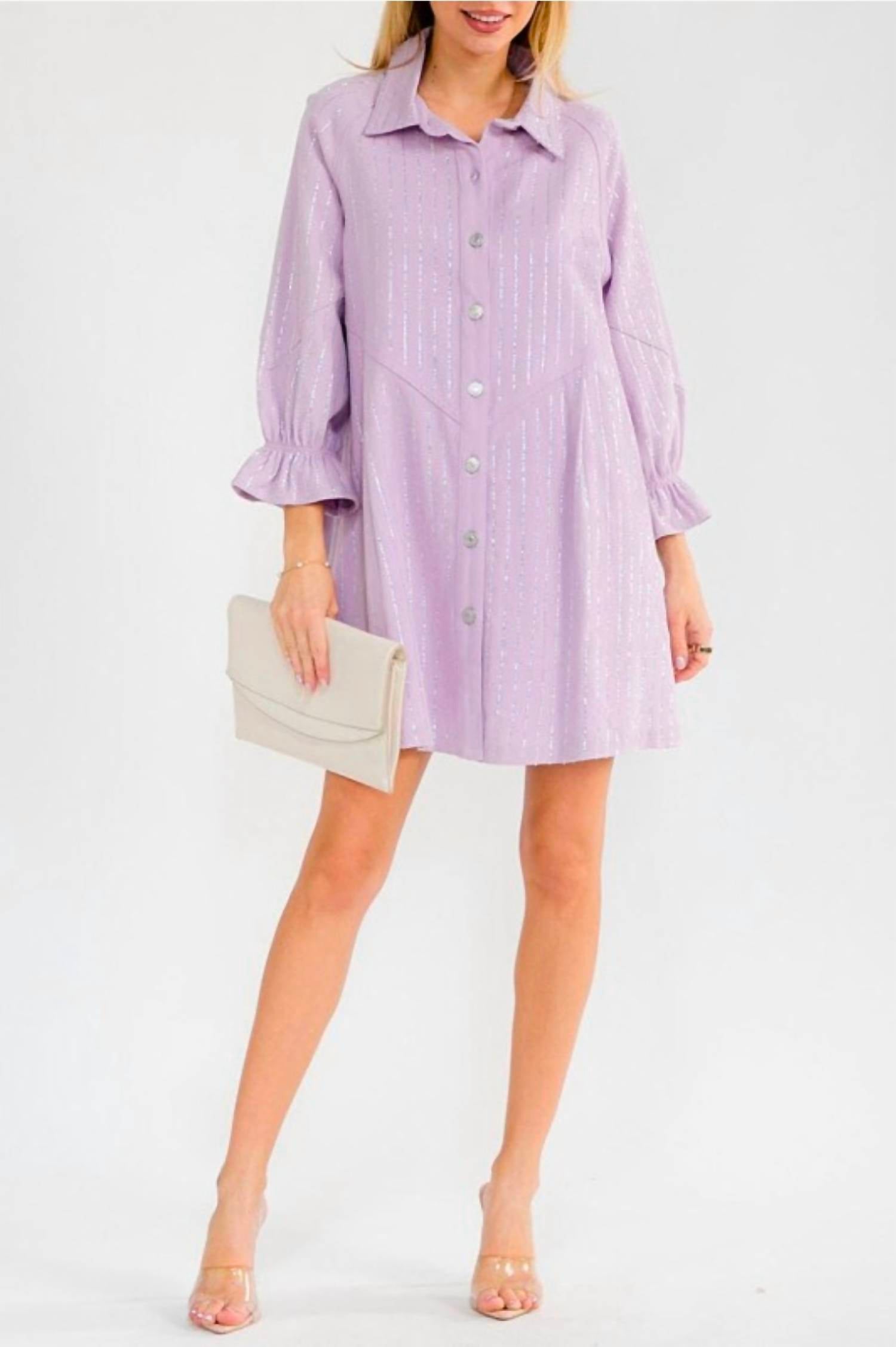 Blue B - Women's Rhinestone Striped Button Down Dress