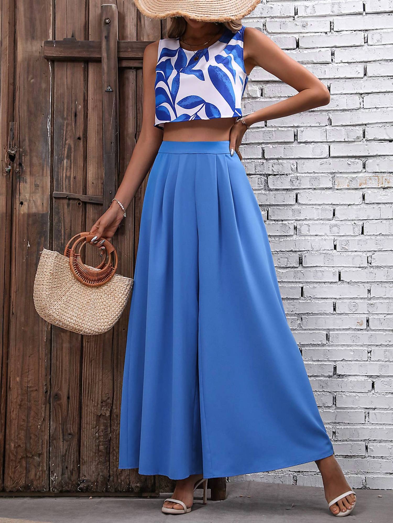 Rosa Clothing - Printed Top Wide-Leg Pants Two-Piece Set