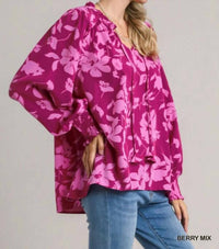 Umgee - Floral Print Notch Neck Top